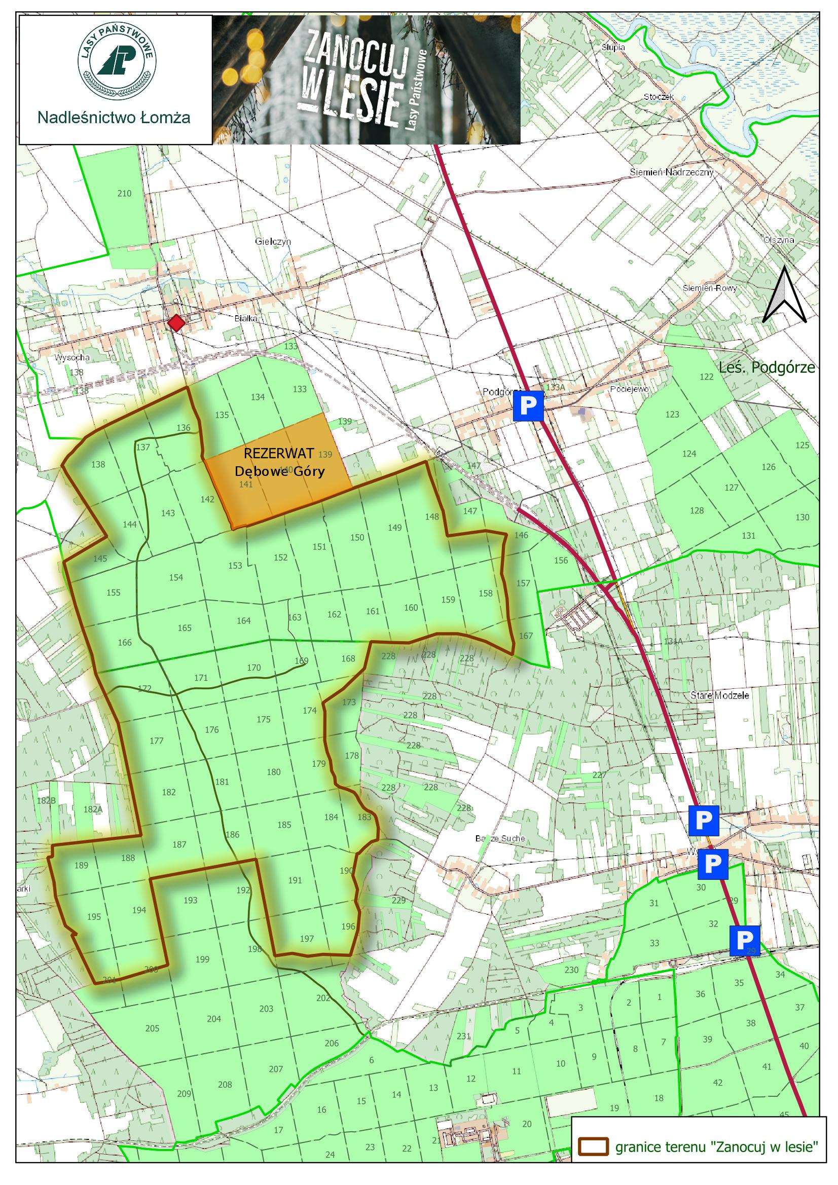 Mapa obszaru zanocuj w lesie na terenie Nadleśnictwa Łomża