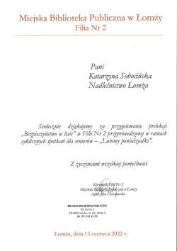 Podziękowanie z Biblioteki Miejskiej w Łomży